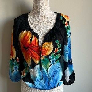 White House Black Market Tropical Flowers Silk Blouse